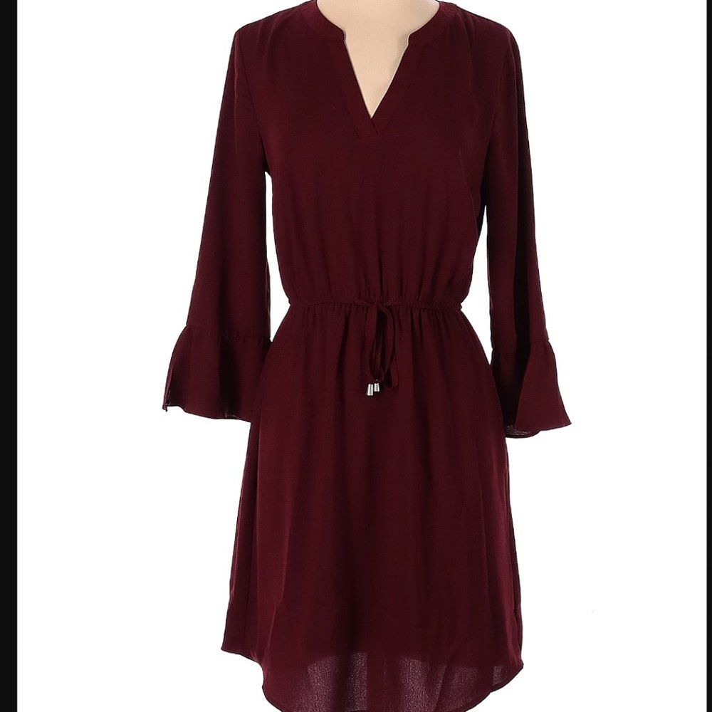 Maurices V-neck Mini Dress with Tie-waist and 3/4 Length Bell Sleeves L Maroon